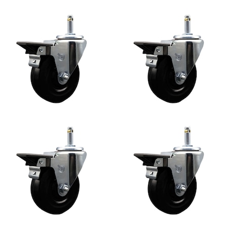 Service Caster 4'' Hard Rubber Wheel Swivel 7/16'' Grip Ring Stem Caster Set with Brake, 4PK SCC-GR20S414-HRS-PLB-716138-4